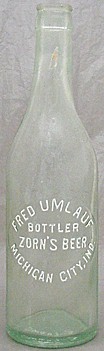 FRED UMLAUF BOTTLER ZORN'S BEER EMBOSSED BEER BOTTLE