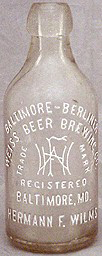 BALTIMORE-BERLINER WEISS BEER BREWING COMPANY EMBOSSED BEER BOTTLE