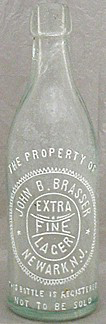 JOHN B. BRASSER EXTRA FINE LAGER EMBOSSED BEER BOTTLE