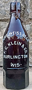PURE WEISS BEER F. G. KLEIN EMBOSSED BEER BOTTLE